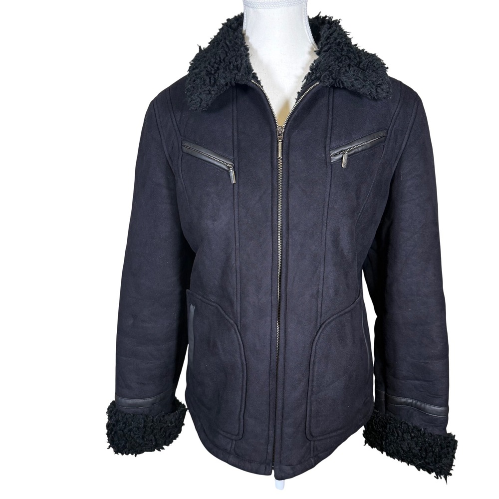 GALLERY Black Faux Suede Sherpa Lined‎ Moto Jacket Women's Size M